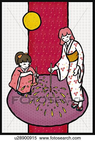 Stock Illustration - Girls in Yukata holding lighting fireworks, front view, side view. Fotosearch