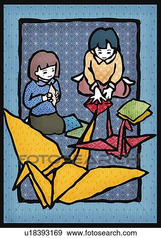 Stock Illustration - Girls making Origami birds, front view. Fotosearch