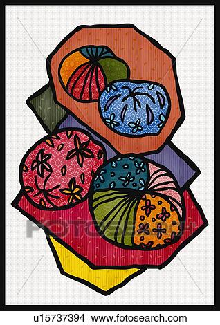 Stock Illustration - Japanese bean bags (Otedama), high angle view. Fotosearch