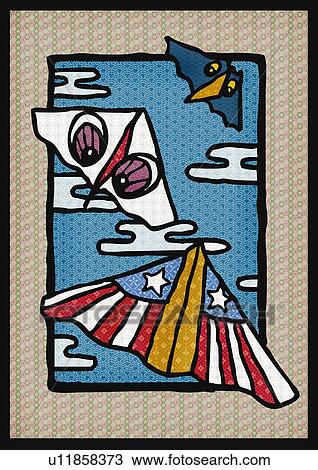 Drawing - Japanese kite flying in the sky, front view. Fotosearch