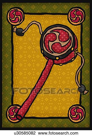 Drawing - Japanese percussion instrument toy, front view. Fotosearch
