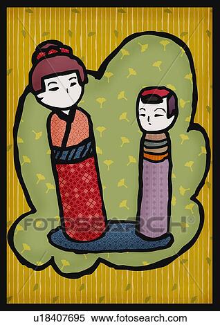 Stock Illustration - Japanese wooden dolls, front view. Fotosearch
