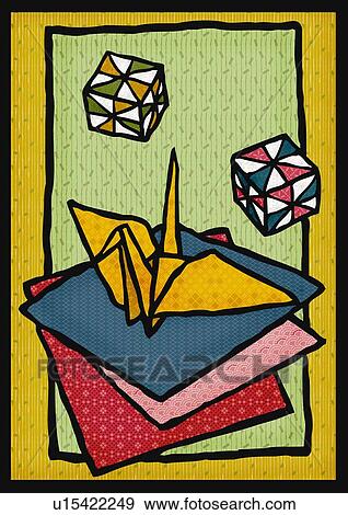 Stock Illustration - Origami bird and papers, high angle view. Fotosearch
