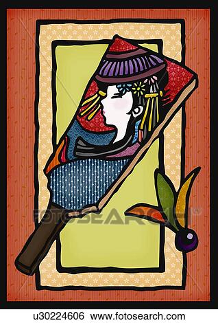 Stock Illustration - Shuttlecock and Japanese battledore painted Japanese woman, front view. Fotosearch
