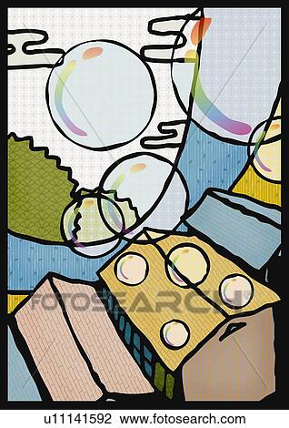 Drawing - Soap bubbles over the roofs of houses, high angle view. Fotosearch