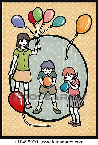 Three children playing balloons, one holding and two blowing up balloons, front view View Large Illustration Clipart - Three children playing balloons, one holding and two blowing up balloons, front view. Fotosearch