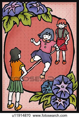 Clipart - Three girls playing Chinese jump rope, front view, rear view. Fotosearch