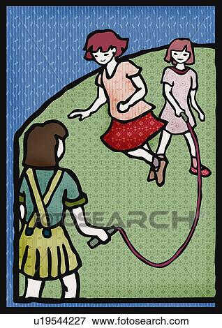 Three girls playing jump rope, front view, rear view View Large Illustration Stock Illustration - Three girls playing jump rope, front view, rear view. Fotosearch