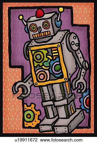 Tin robot, front view View Large Illustration Drawing - Tin robot, front view. Fotosearch