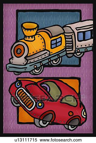 Stock Illustration - Tin toys, front view, side view. Fotosearch