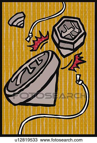Tiny iron spinning tops, clashing each other, high angle view View Large Illustration Drawing - Tiny iron spinning tops, clashing each other, high angle view. Fotosearch