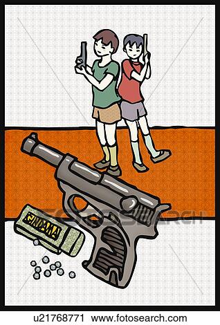Clip Art - Two boys holding toy guns, front view, side view. Fotosearch