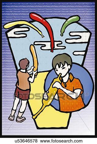Stock Illustration - Two boys playing balloons, one blowing up a balloon, front view, rear view. Fotosearch