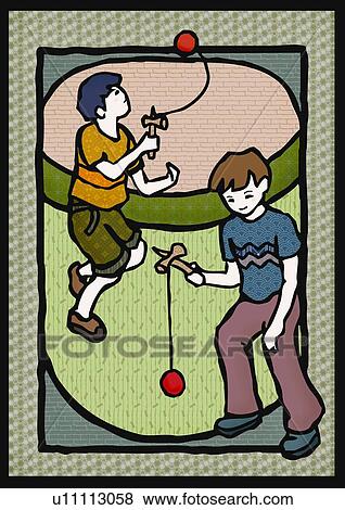 Stock Illustration - Two boys playing with Kendama, front view, side view. Fotosearch
