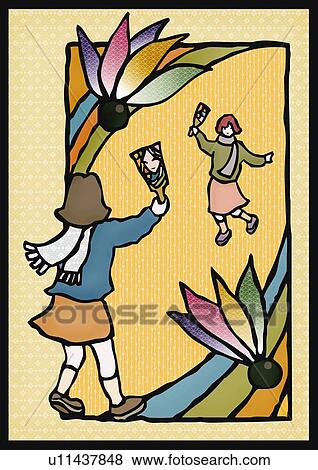 Stock Illustration - Two girls playing battledore, front view, rear view. Fotosearch
