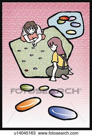 Two girls playing with marbles, front view, side view View Large Illustration Drawing - Two girls playing with marbles, front view, side view. Fotosearch