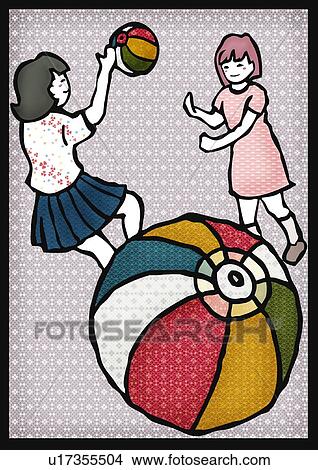 Stock Illustration - Two girls playing with paper balloons, front view, side view. Fotosearch
