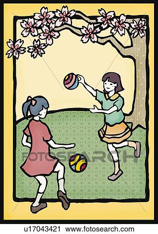 Two girls playing with Temari balls under the cherry tree, front view, rear view View Large Illustration Clip Art - Two girls playing with Temari balls under the cherry tree, front view, rear view. Fotosearch