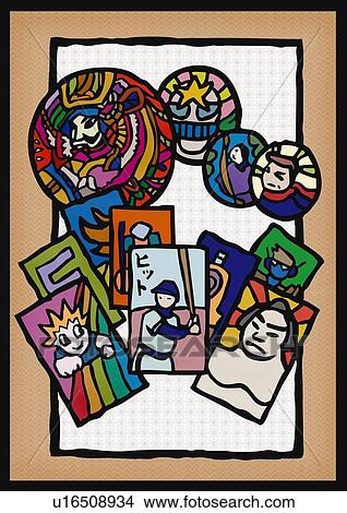 Various Japanese playing cards with paintings, front view View Large Illustration Stock Illustration - Various Japanese playing cards with paintings, front view. Fotosearch
