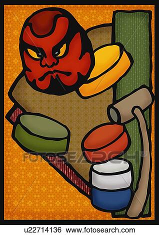 Stock Illustration - Wooden hammer hitting Daruma otoshi, front view. Fotosearch