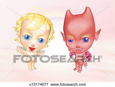 Stock Illustration - Angel and Devil, CG, 3D, Illustration, Front View. Fotosearch