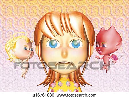 Angel and devil whispering to a girl, CG, 3D, Illustration, Front View View Large Illustration Stock Illustration - Angel and devil whispering to a girl, CG, 3D, Illustration, Front View. Fotosearch