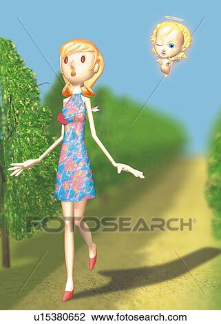 Drawing - Angel and Girl, CG, 3D, Illustration, Front View, Differential Focus. Fotosearch