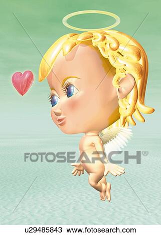 Drawing - Angel and Heart, CG, 3D, Illustration, Side View. Fotosearch