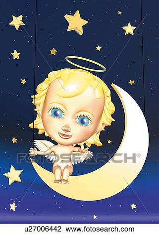 Drawing - Angel and Stars, CG, 3D, Illustration, Front View. Fotosearch