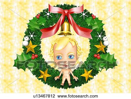 Drawing - Angel and Wreath, CG, 3D, Illustration, Front View. Fotosearch