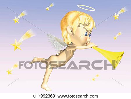 Angel blowing horn, CG, 3D, Illustration, Side View View Large Illustration Stock Illustration - Angel blowing horn, CG, 3D, Illustration, Side View. Fotosearch
