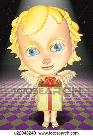 Angel holding a present, CG, 3D, Illustration, Front View View Large Illustration Stock Illustration - Angel holding a present, CG, 3D, Illustration, Front View. Fotosearch