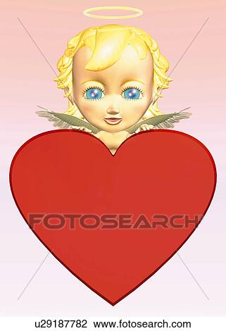 Drawing - Angel holding heart, CG, 3D, Illustration, Front View, Copy Space. Fotosearch