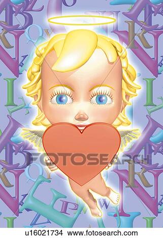 Angel holding heart, CG, 3D, Illustration, Front View View Large Illustration Stock Illustration - Angel holding heart, CG, 3D, Illustration, Front View. Fotosearch