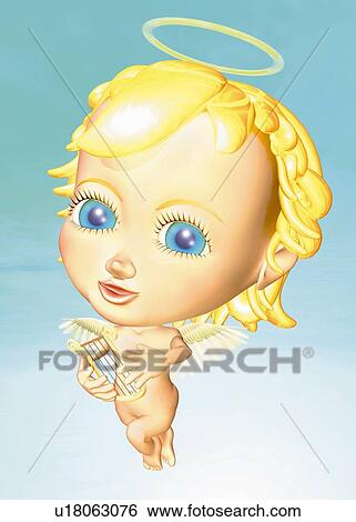 Stock Illustration - Angel playing harp, CG, 3D, Illustration, Front View. Fotosearch