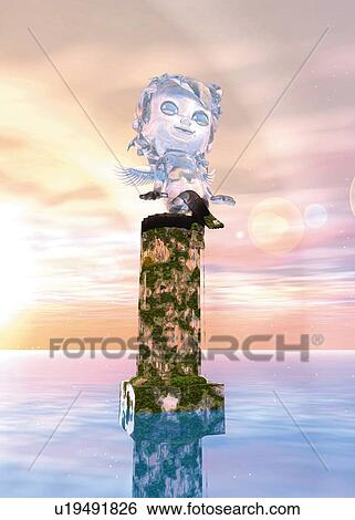 Angel resting on column, CG, 3D, Illustration, Low Angle View, Lens Flare View Large Illustration Stock Illustration - Angel resting on column, CG, 3D, Illustration, Low Angle View, Lens Flare. Fotosearch