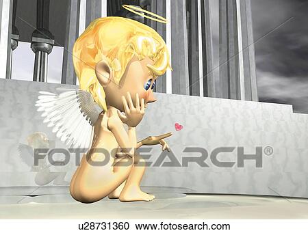 Clipart - Angel sitting and thinking, CG, 3D, Illustration, Side View. Fotosearch
