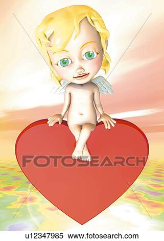 Stock Illustration - Angel sitting on heart, CG, 3D, Illustration, Front View. Fotosearch
