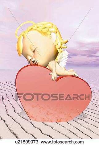 Drawing - Angel sleeping on heart, CG, 3D, Illustration, Side View. Fotosearch