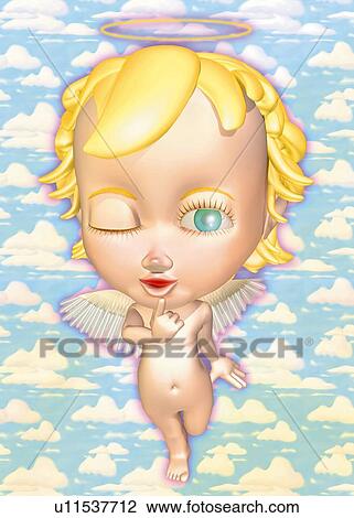 Angel with a wink, CG, 3D, Illustration, Front View View Large Illustration Drawing - Angel with a wink, CG, 3D, Illustration, Front View. Fotosearch