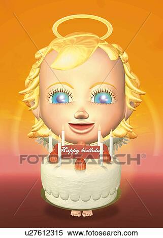 Stock Illustration - Angel with Birthday Cake, CG, 3D, Illustration, Front View, Lens Flare. Fotosearch