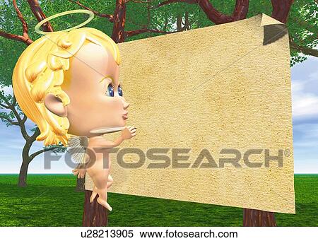 Stock Illustration - Angel writing note, CG, 3D, Illustration, Side View, Copy Space. Fotosearch