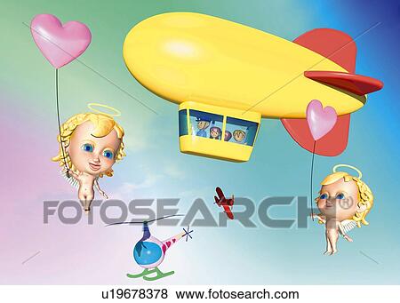 Stock Illustration - Angels and Airship, CG, 3D, Illustration, Low Angle View. Fotosearch