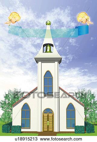 Drawing - Angels and Church, CG, 3D, Illustration. Fotosearch