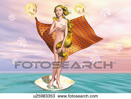 Drawing - Angels and Venus, CG, 3D, Illustration, Front View. Fotosearch