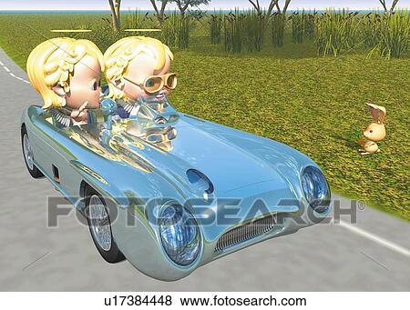 Stock Illustration - Angels driving a car, CG, 3D, Illustration, High Angle View. Fotosearch