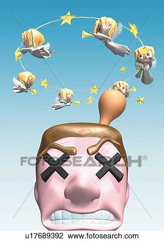 Angels flying above man's head, CG, 3D, Illustration, Low Angle View View Large Illustration Drawing - Angels flying above man's head, CG, 3D, Illustration, Low Angle View. Fotosearch