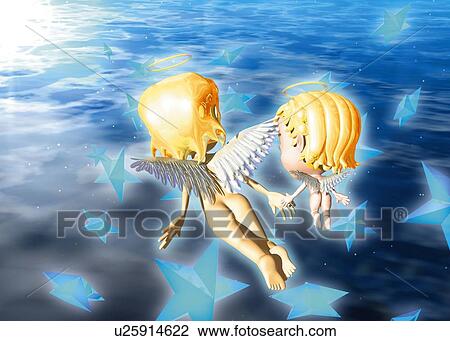 Angels flying, CG, 3D, Illustration, Composite, Lens Flare, High Angle View, Rear View View Large Illustration Drawing - Angels flying, CG, 3D, Illustration, Composite, Lens Flare, High Angle View, Rear View. Fotosearch