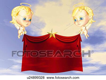 Angels holding a curtain, CG, 3D, Illustration, Copy Space View Large Illustration Stock Illustration - Angels holding a curtain, CG, 3D, Illustration, Copy Space. Fotosearch