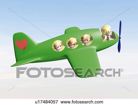 Stock Illustration - Angels on Airplane, CG, 3D, Illustration, High Angle View, Side View. Fotosearch